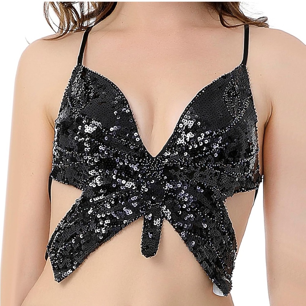 Black Sequin Tie-Front Butterfly Halter Top